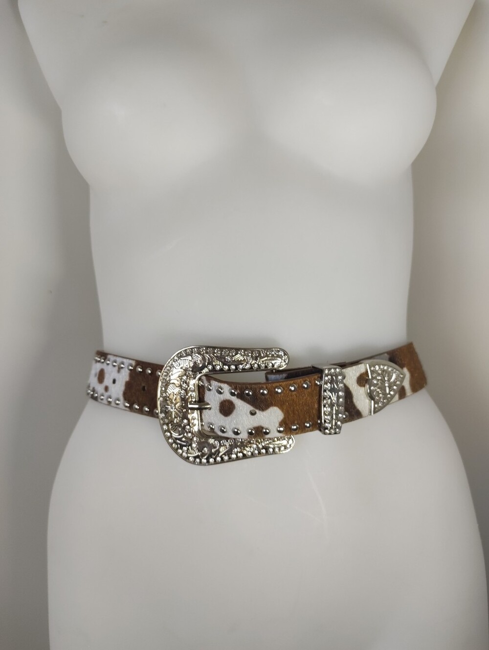 NEW Cowhide Western Silver Buckle Belt - Brown And White - Picture 2 of 10